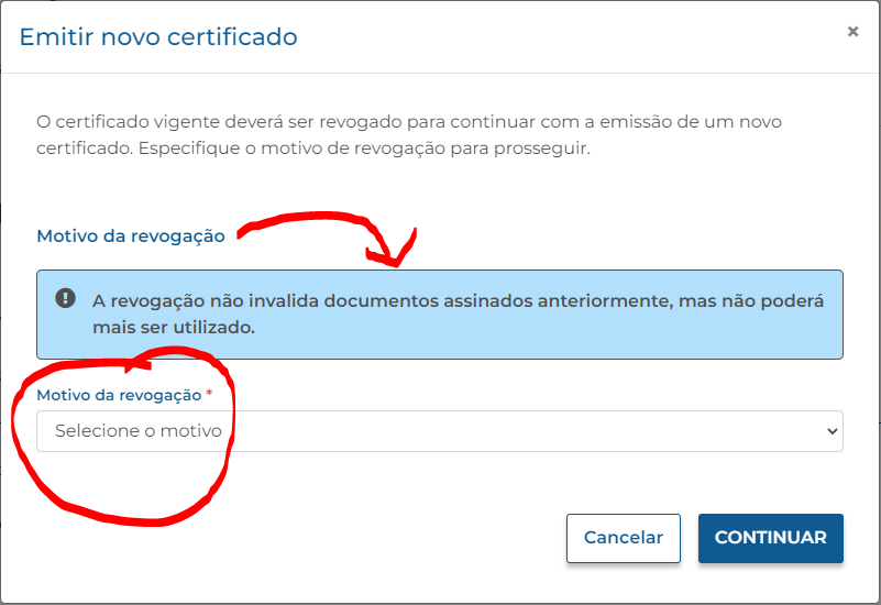 Tela de revogação de certificado anterior