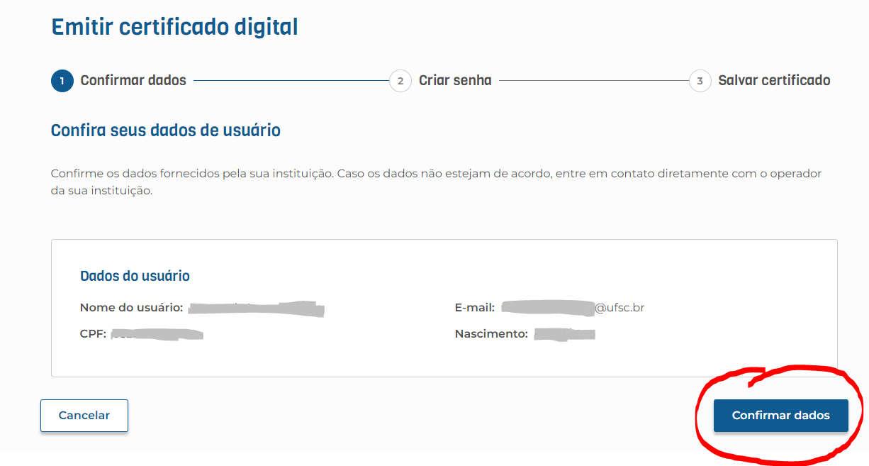Tela de confirmação de dados
