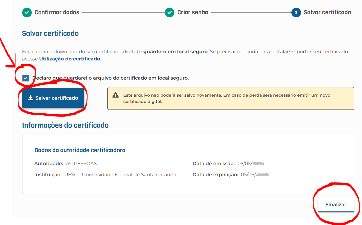 Tela de download do certificado